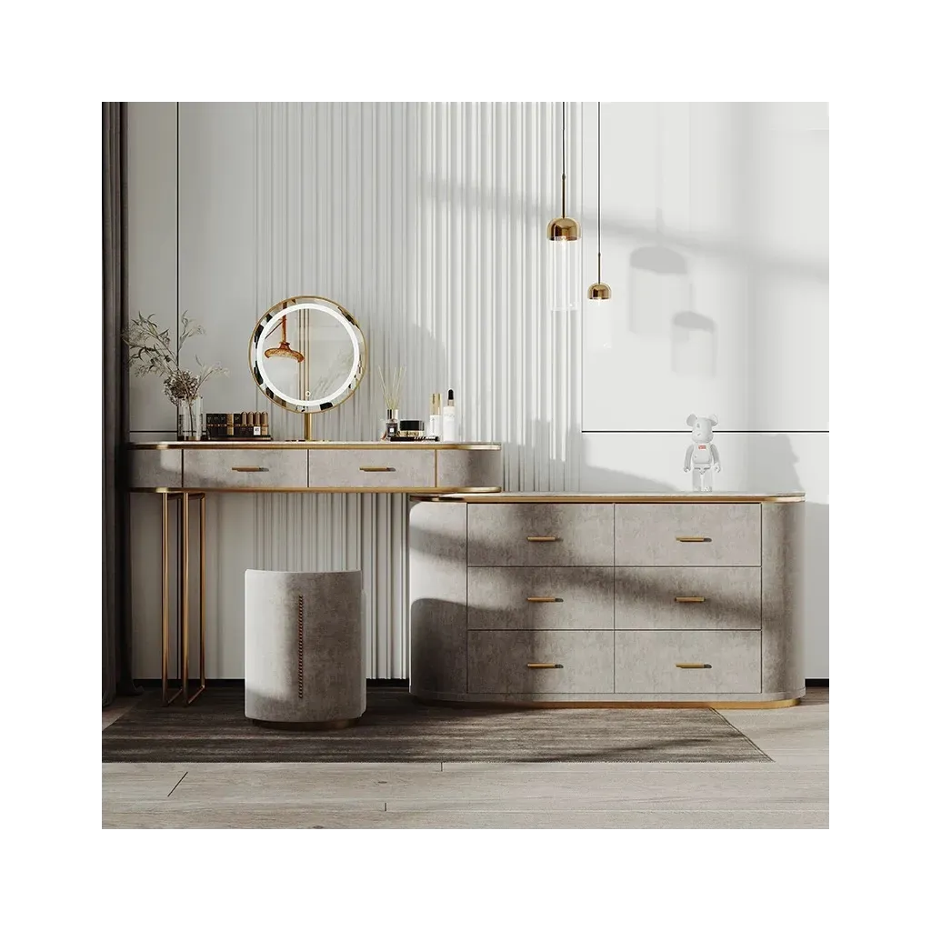 Luxury dressing table with built-in stone cabinet, solid wood dressing table for bedroom